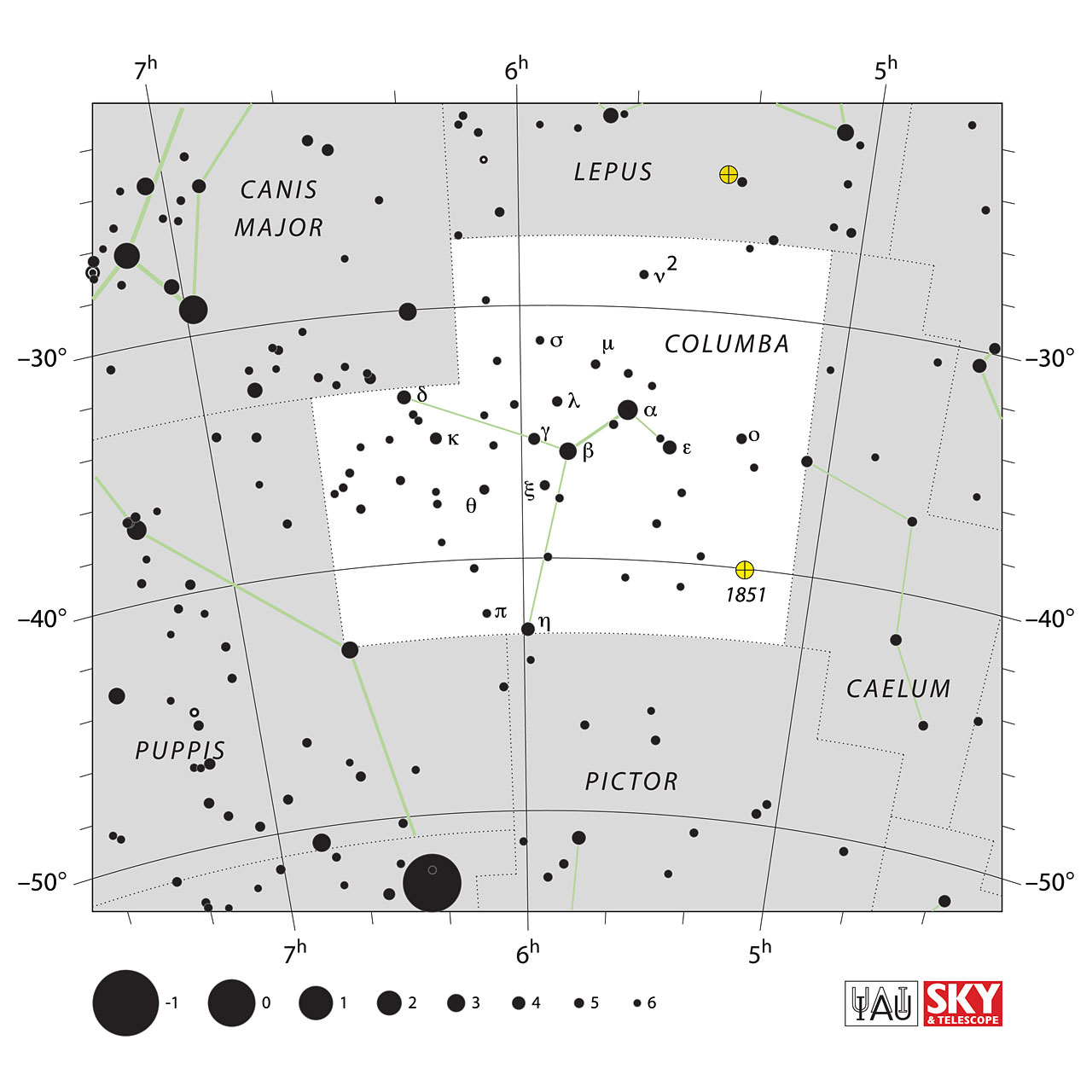 The location of the Columba Constellation is displayed in a star map by IAU from the Sky & Telescope magazine.