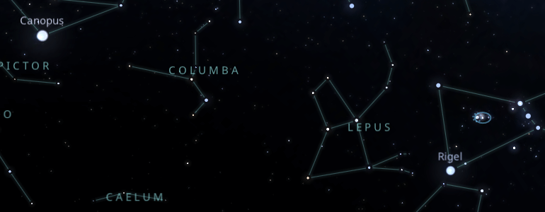 The shape and the main stars of Columba constellation alongside the neighboring constellations in outer space.