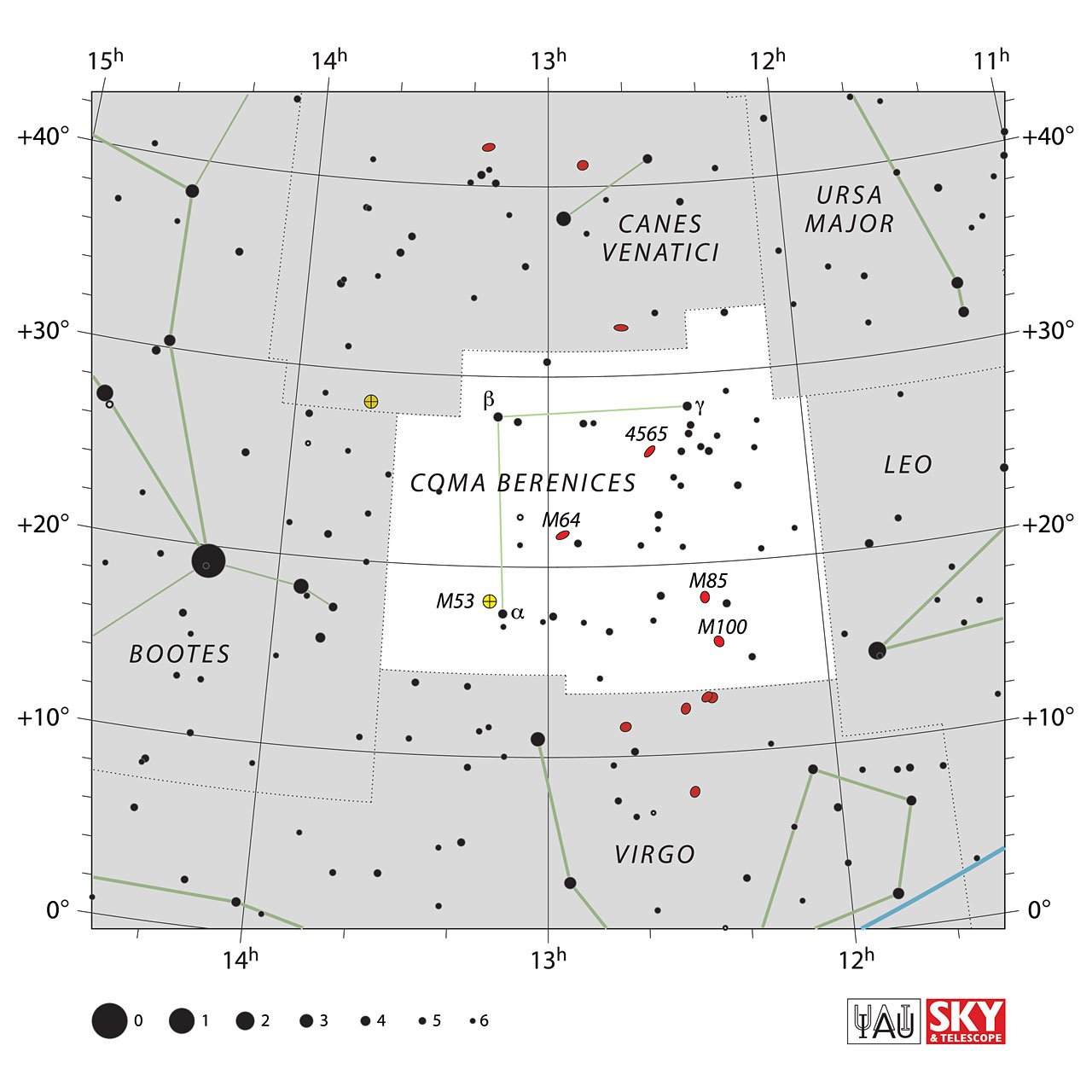 The location of the Coma Berenices Constellation is displayed in a star map by IAU from the Sky & Telescope magazine.