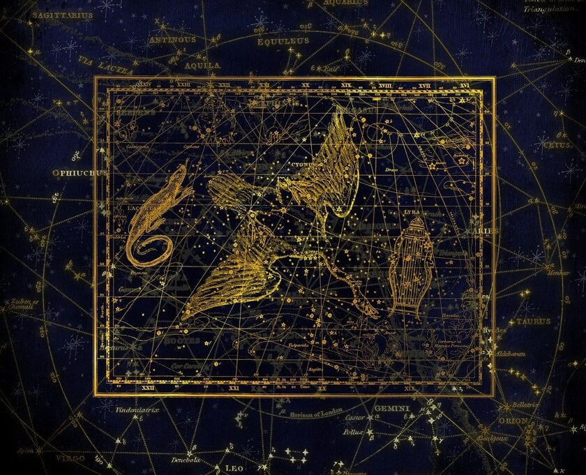 A depiction of the Cygnus constellation as a flying swan among other constellations