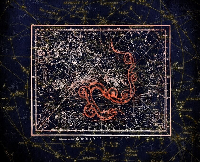 A drawing of the draco constellation as a serpent in the sky