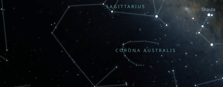 The shape and the main stars of Corona Australis constellation alongside the neighboring constellations in outer space.