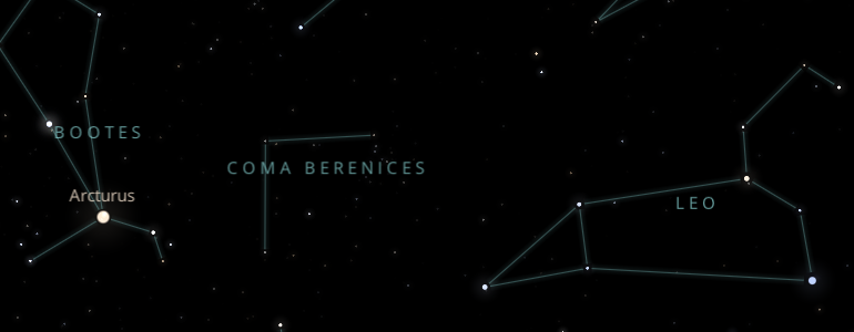 The shape and the main stars of Coma Berenices constellation alongside the neighboring constellations in outer space.