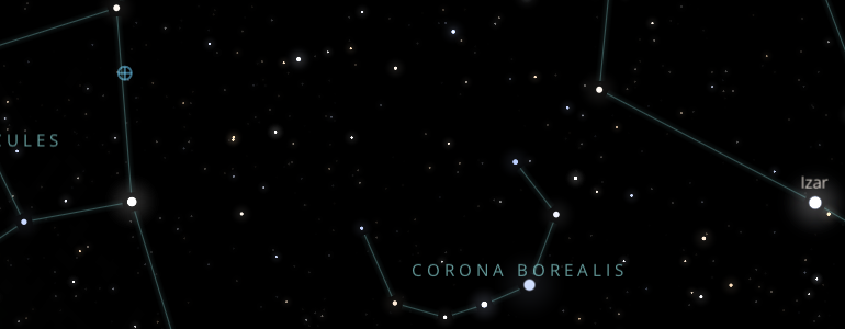 The shape and the main stars of Corona Borealis constellation alongside the neighboring constellations in outer space.