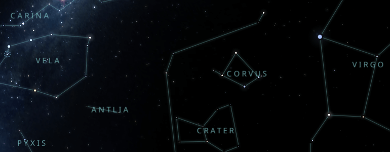 The shape and the main stars of Corvus constellation alongside the neighboring constellations in outer space.