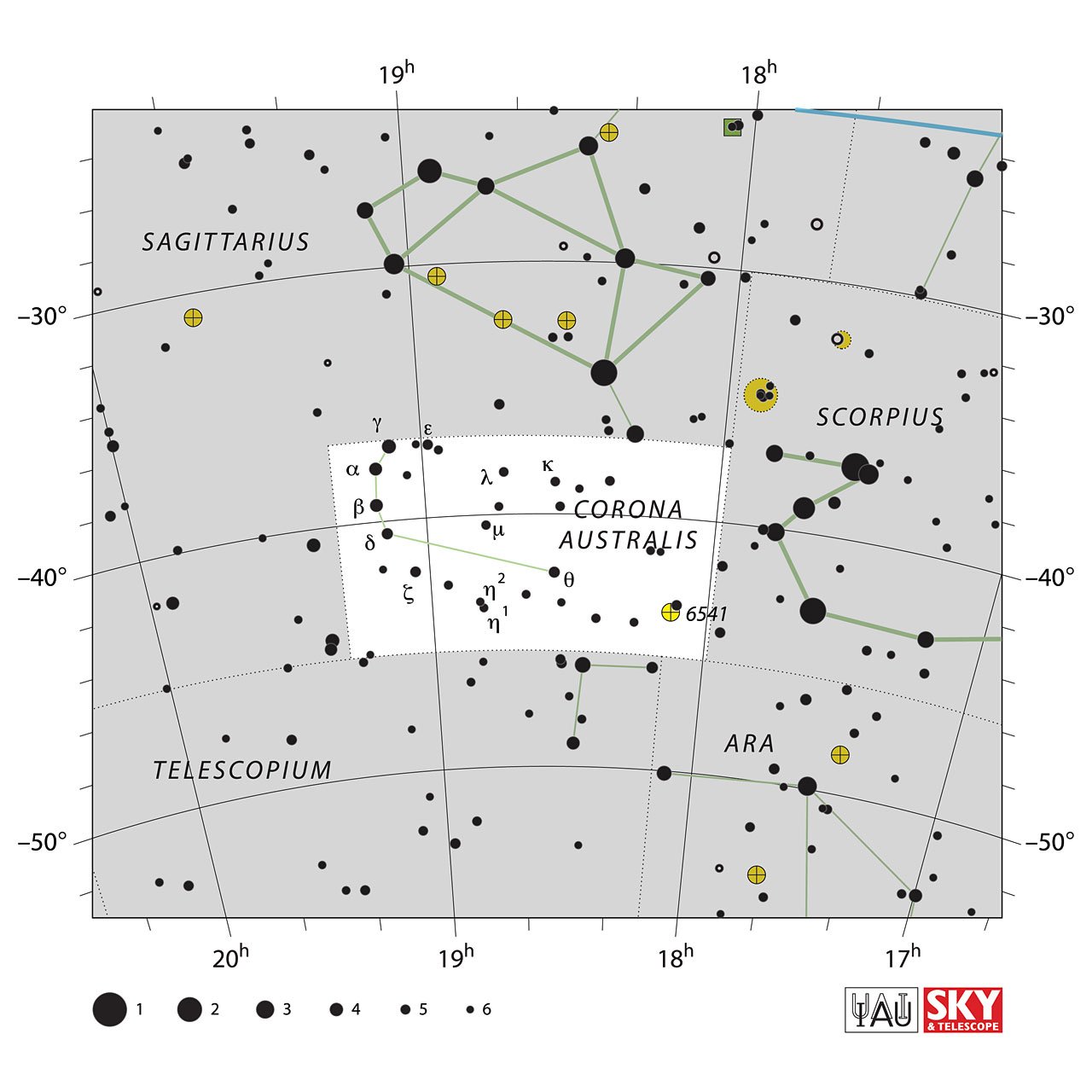 The location of the Corona Australis Constellation is displayed in a star map by IAU from the Sky & Telescope magazine.