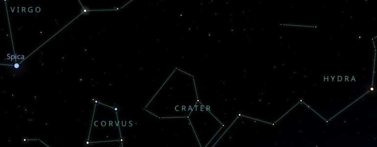 The shape and the main stars of Crater constellation alongside the neighboring constellations in outer space.