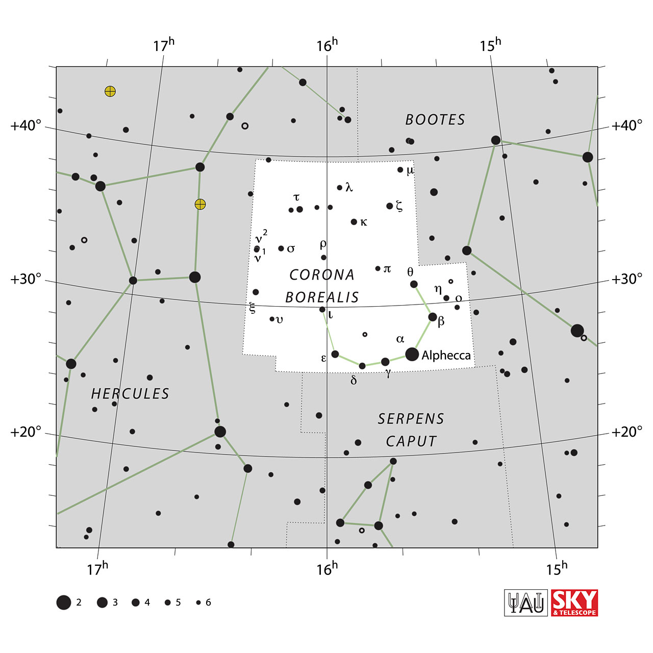 The location of the Corona Borealis Constellation is displayed in a star map by IAU from the Sky & Telescope magazine.