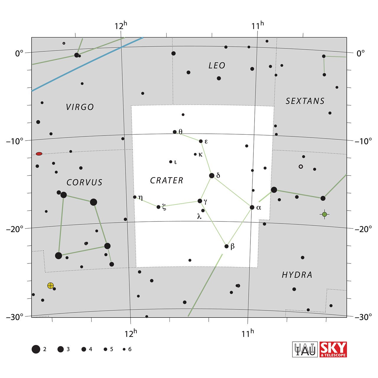 The location of the Crater Constellation is displayed in a star map by IAU from the Sky & Telescope magazine.