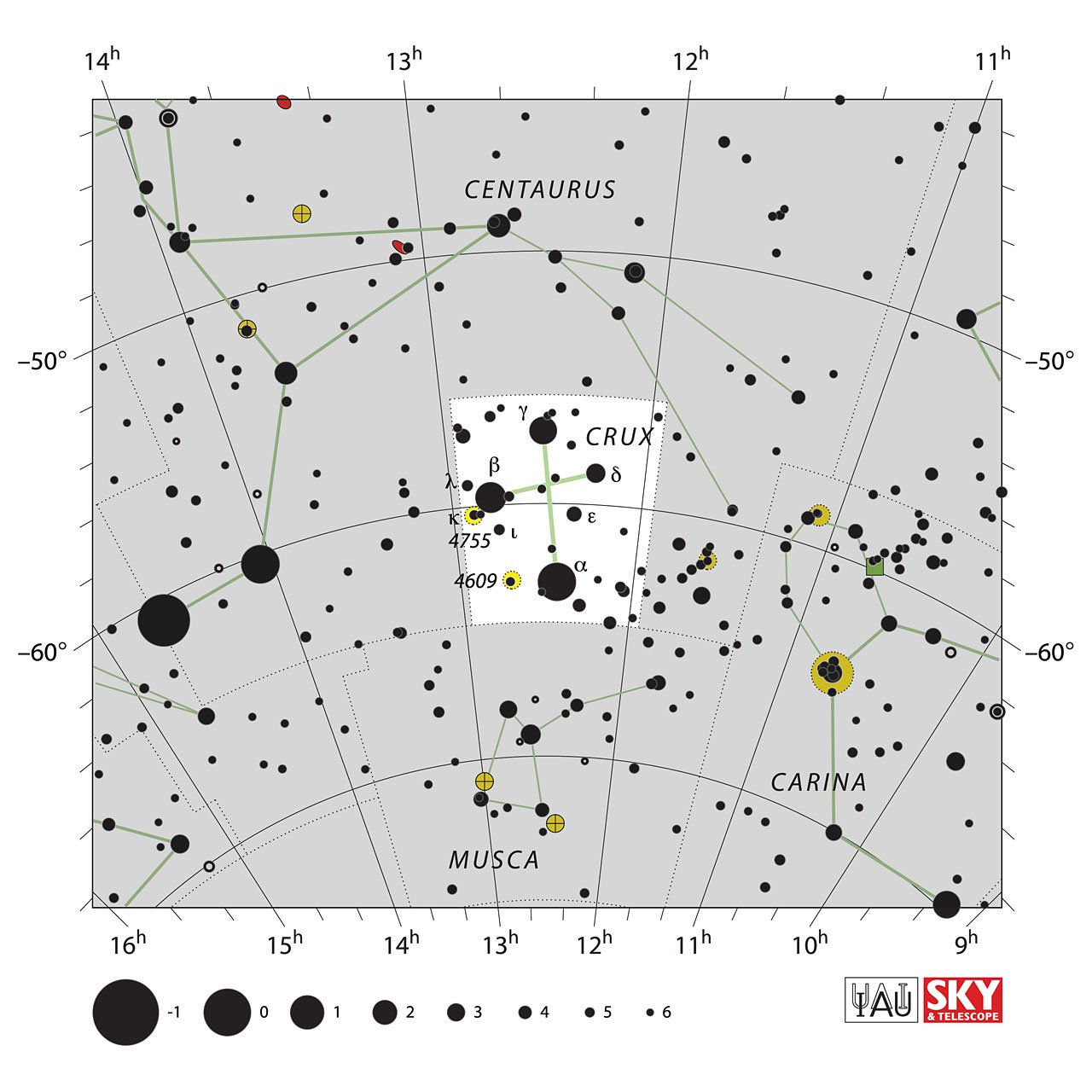 The location of the Crux Constellation is displayed in a star map by IAU from the Sky & Telescope magazine.