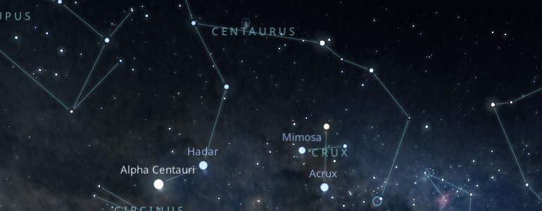 The shape and the main stars of Crux constellation alongside the neighboring constellations in outer space.