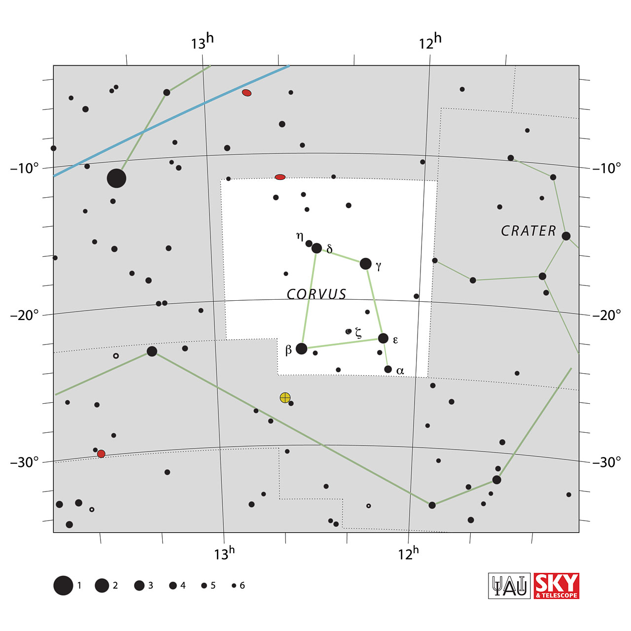 The location of the Corvus Constellation is displayed in a star map by IAU from the Sky & Telescope magazine.