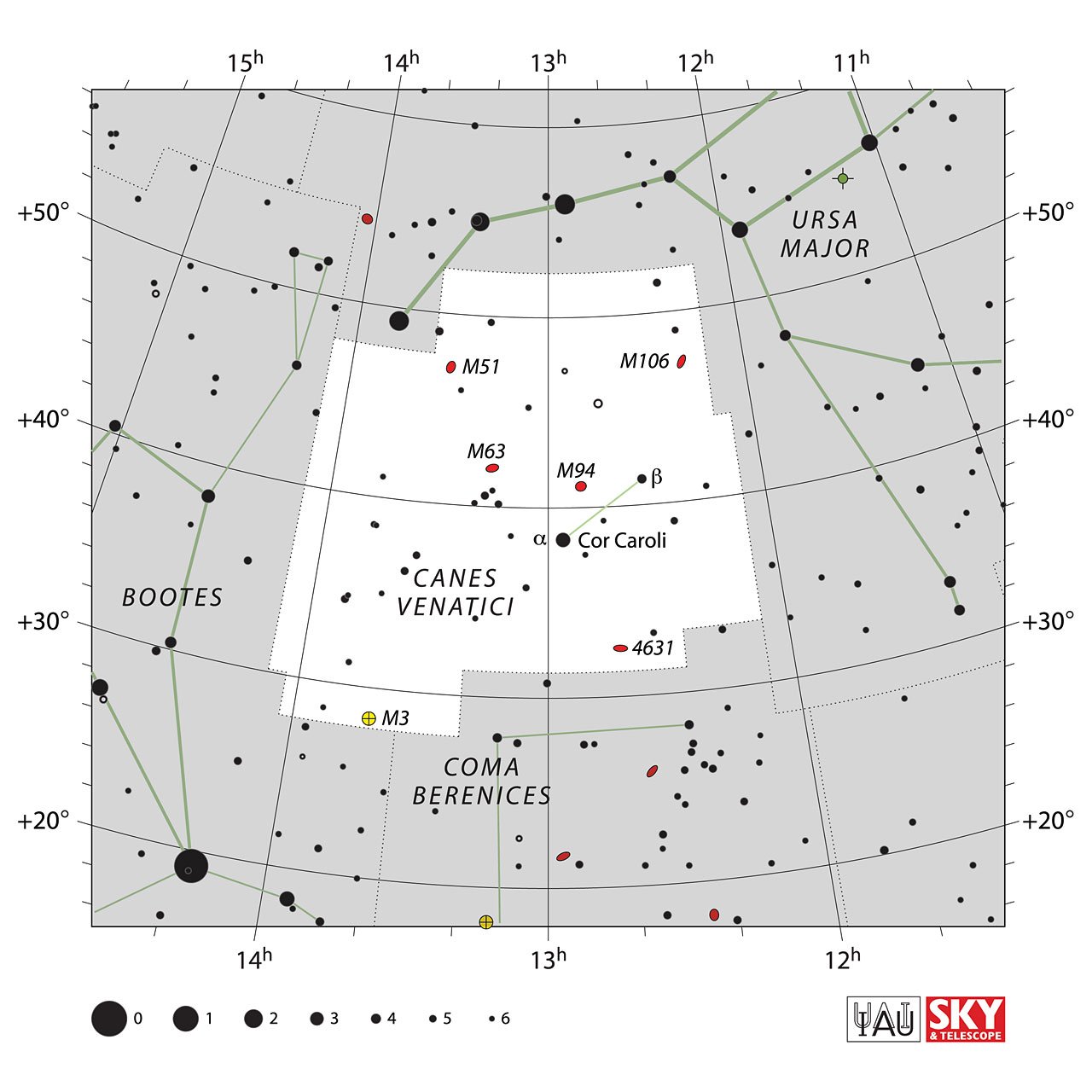 The location of the Canes Venatici Constellation is displayed in a star map by IAU from the Sky & Telescope magazine.