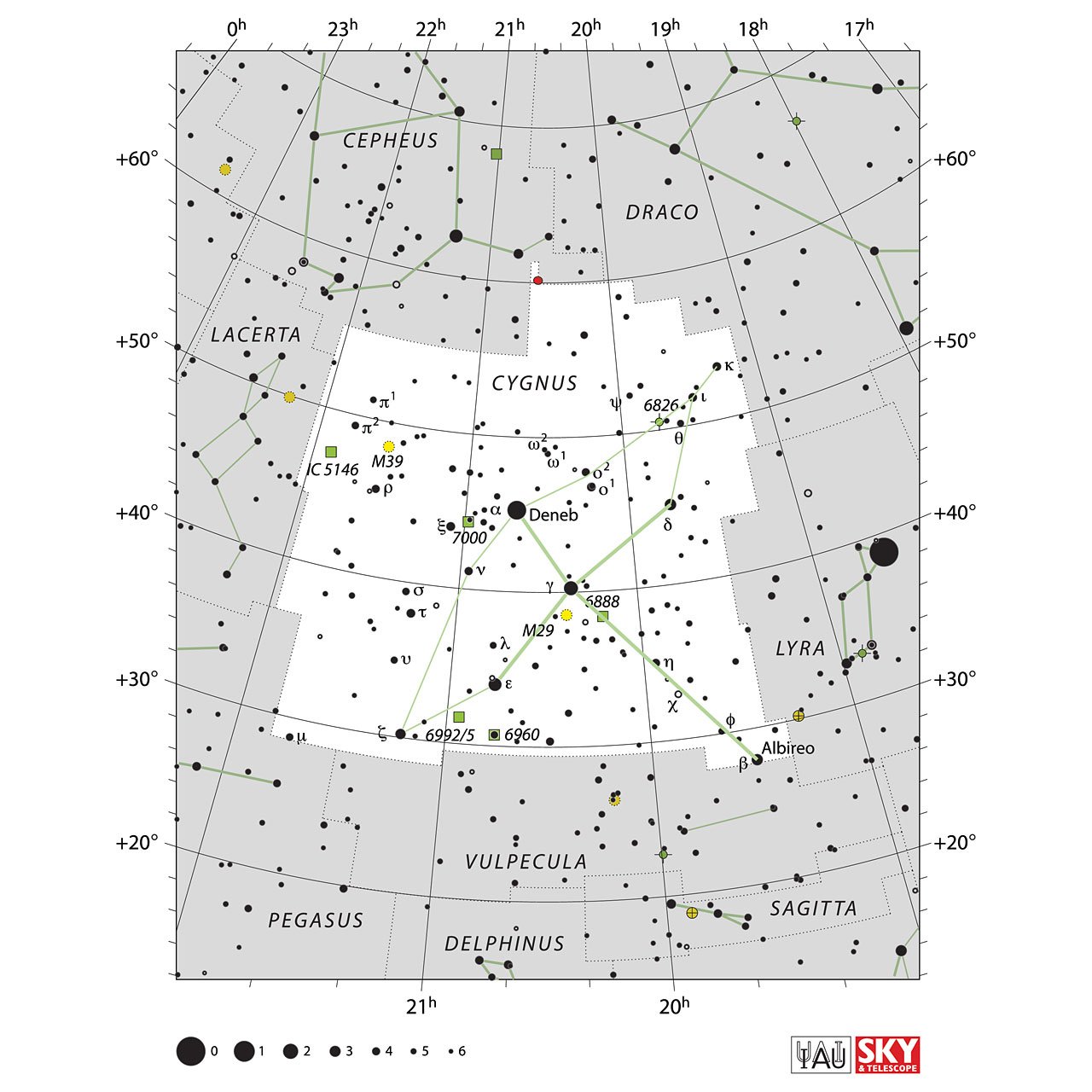 The location of the Cygnus Constellation is displayed in a star map by IAU from the Sky & Telescope magazine.