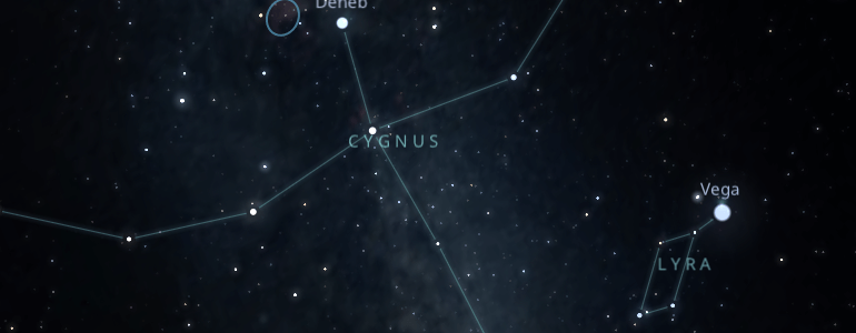 The shape and the main stars of Cygnus constellation alongside the neighboring constellations in outer space.