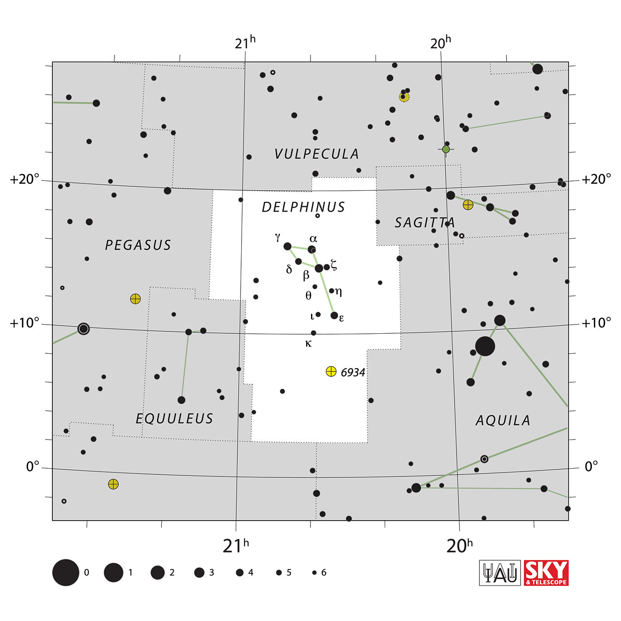 The location of the Delphinus Constellation is displayed in a star map by IAU from the Sky & Telescope magazine.