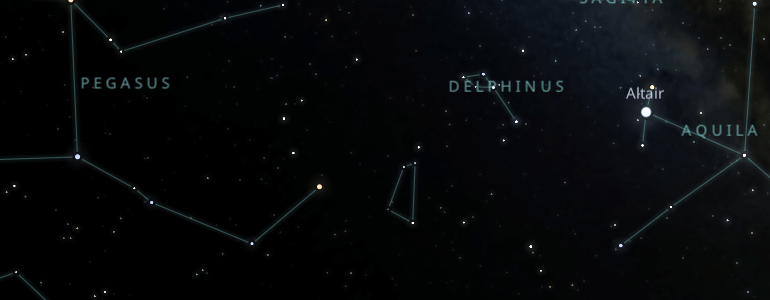 The shape and the main stars of Delphinus constellation alongside the neighboring constellations in outer space.