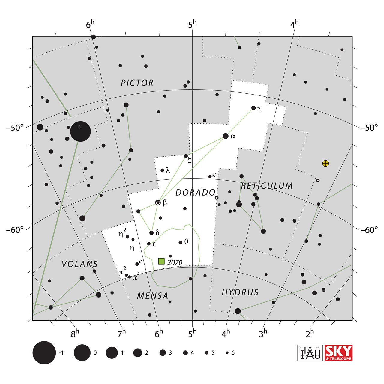 The location of the Dorado Constellation is displayed in a star map by IAU from the Sky & Telescope magazine.