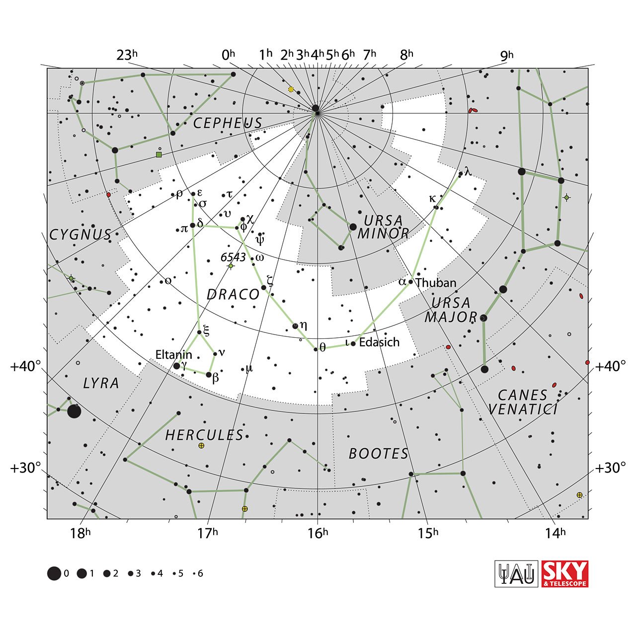 The location of the Draco Constellation is displayed in a star map by IAU from the Sky & Telescope magazine.