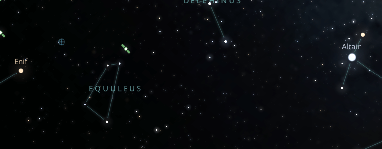 The shape and the main stars of Equuleus constellation alongside the neighboring constellations in outer space.