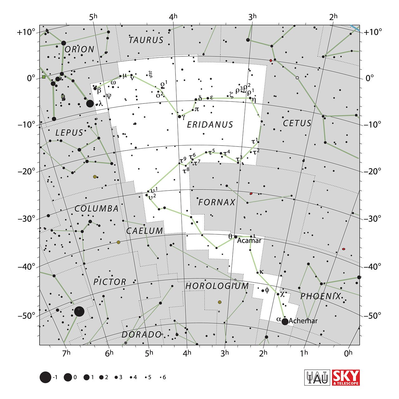 The location of the Eridanus Constellation is displayed in a star map by IAU from the Sky & Telescope magazine.