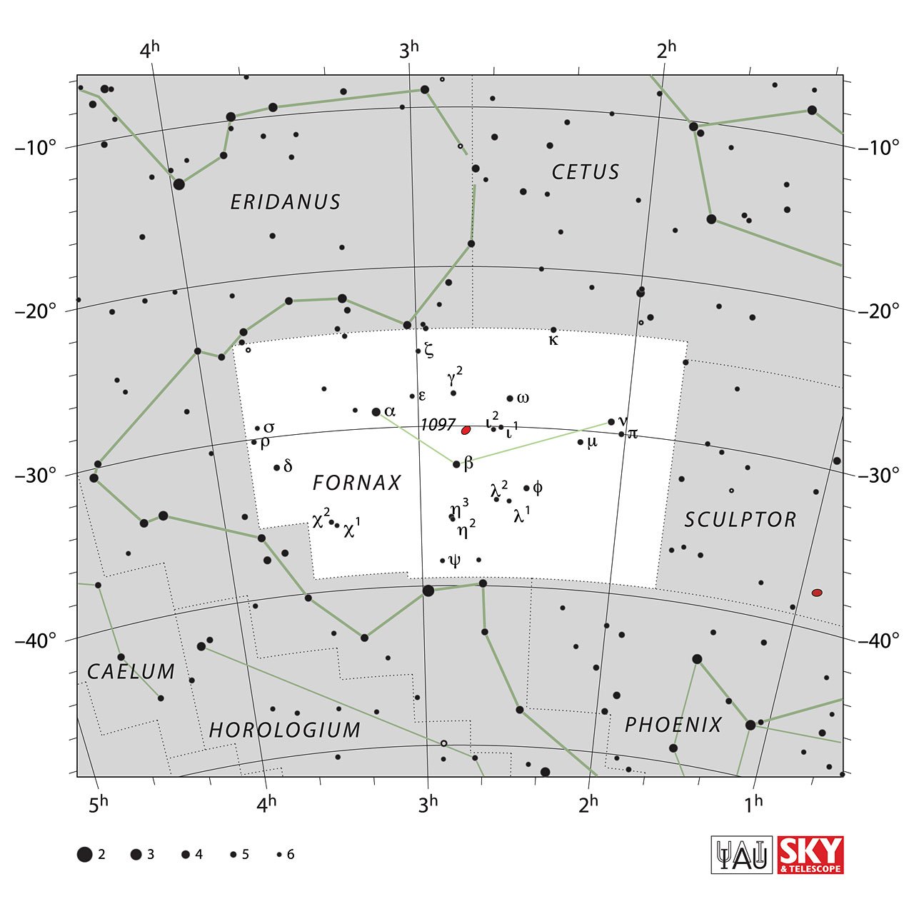 The location of the Fornax Constellation is displayed in a star map by IAU from the Sky & Telescope magazine.