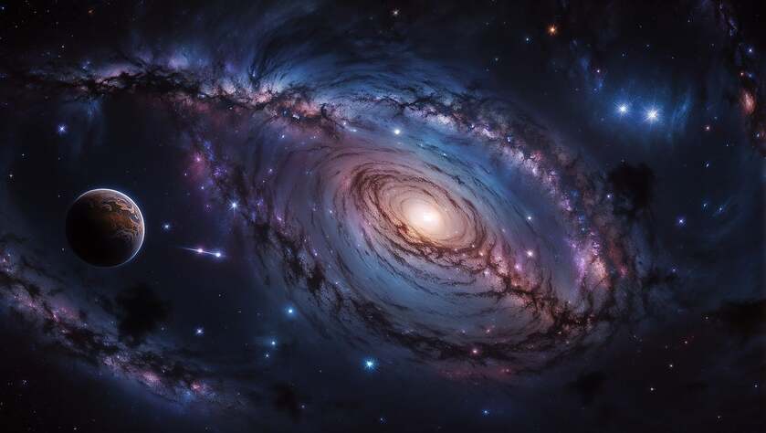 A purple and blue galaxy swirling around in the cosmos full of stars and planets