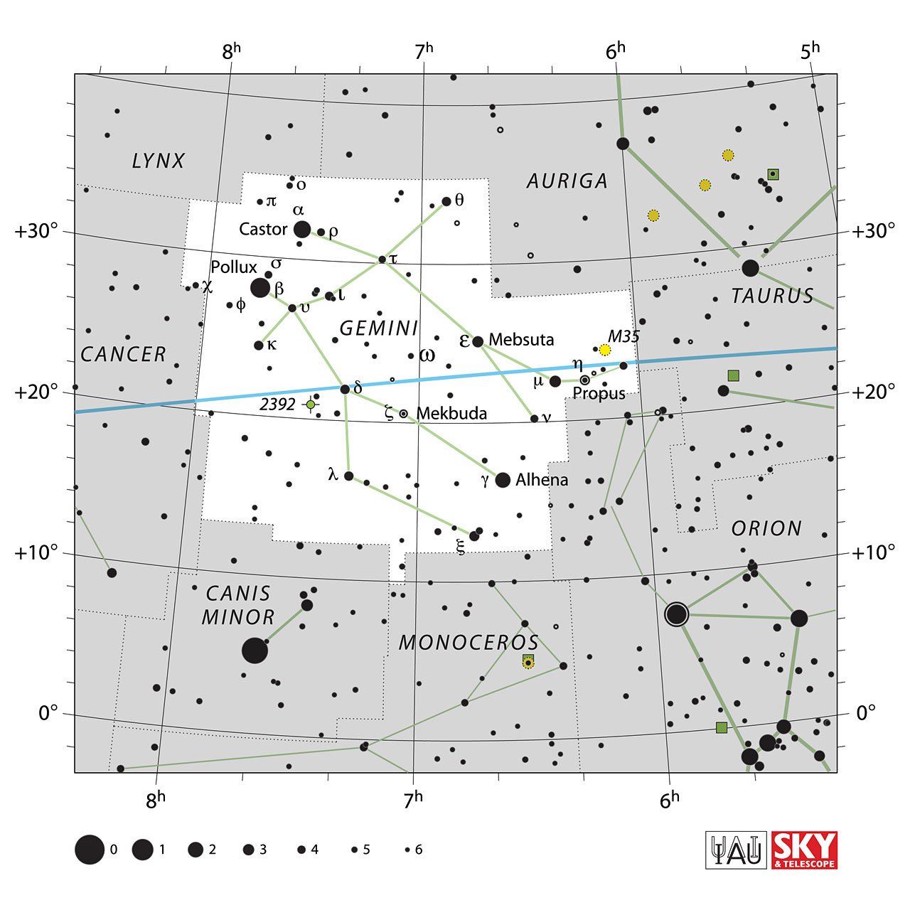 The location of the Gemini Constellation is displayed in a star map by IAU from the Sky & Telescope magazine.