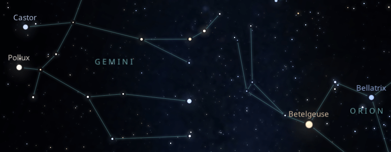 The shape and the main stars of Gemini constellation alongside the neighboring constellations in outer space.