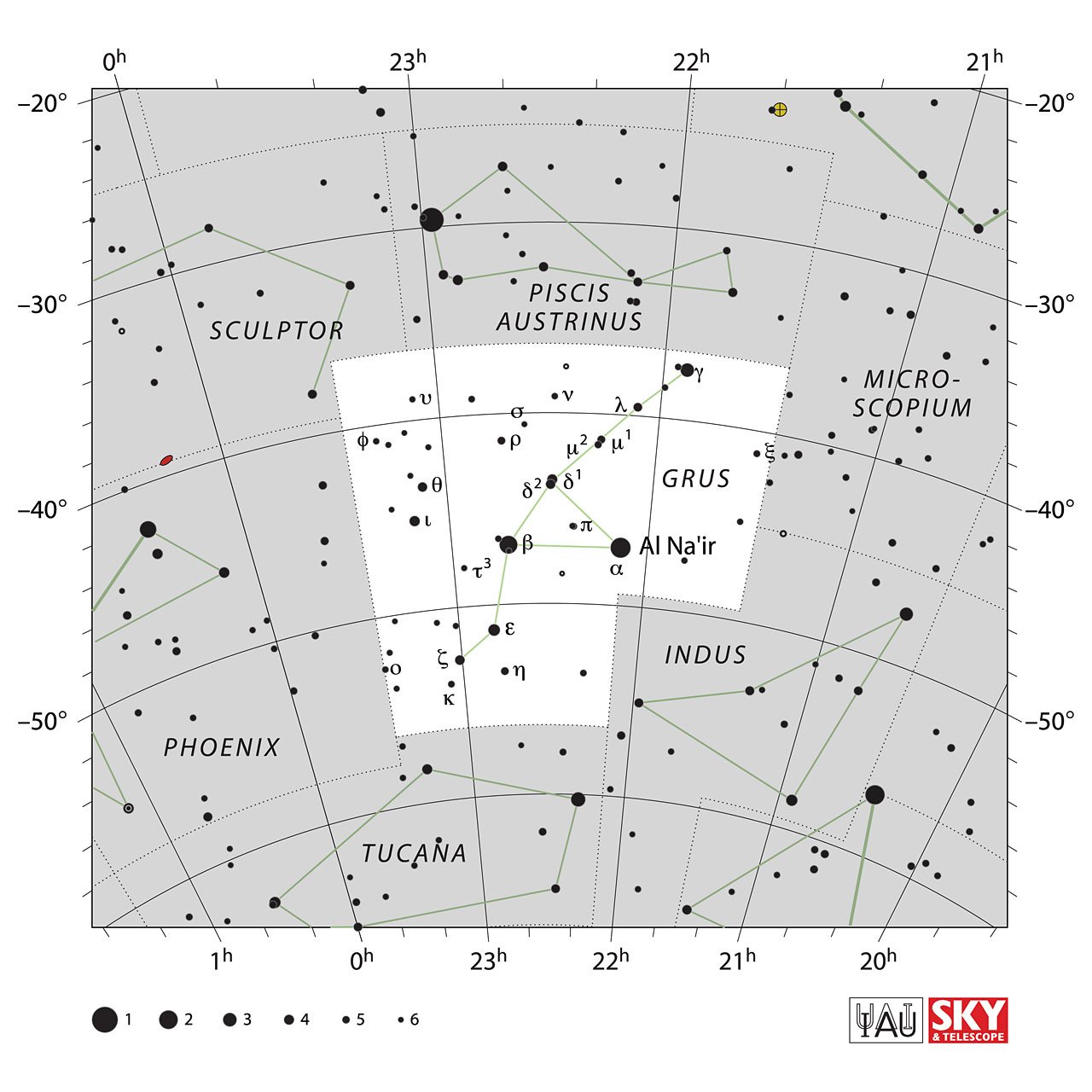 The location of the Grus Constellation is displayed in a star map by IAU from the Sky & Telescope magazine.