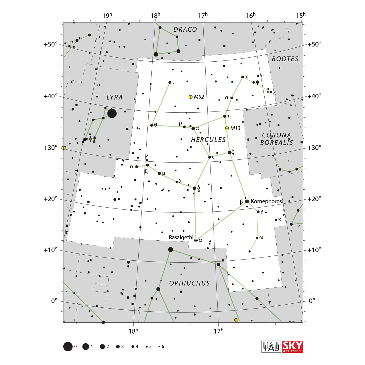 The location of the Hercules Constellation is displayed in a star map by IAU from the Sky & Telescope magazine.