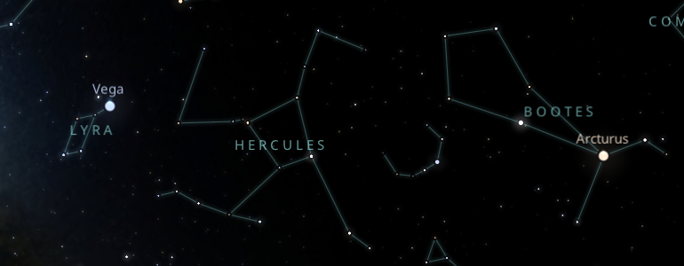 The shape and the main stars of Hercules constellation alongside the neighboring constellations in outer space.