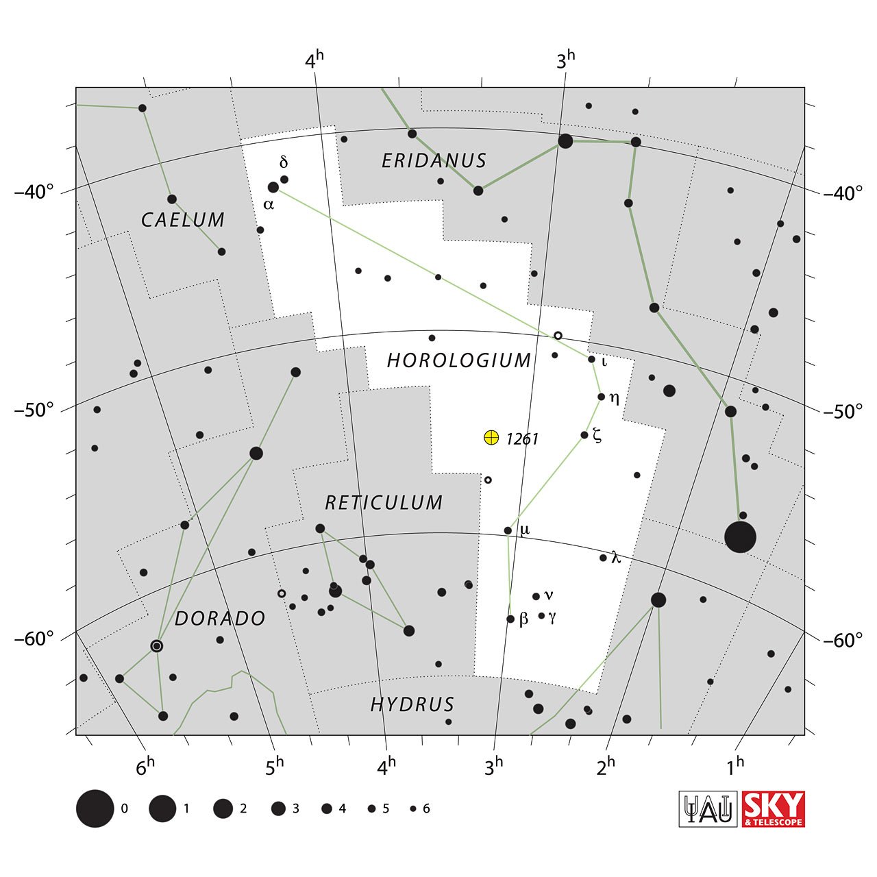 The location of the Horologium Constellation is displayed in a star map by IAU from the Sky & Telescope magazine.