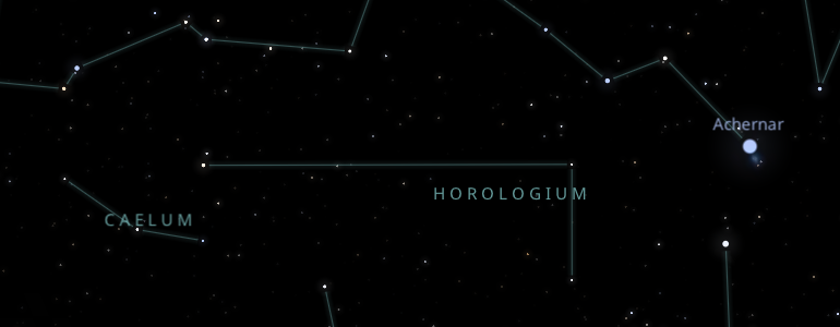 The shape and the main stars of Horologium constellation alongside the neighboring constellations in outer space.