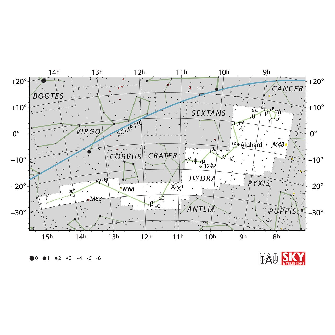 The location of the Hydra Constellation is displayed in a star map by IAU from the Sky & Telescope magazine.