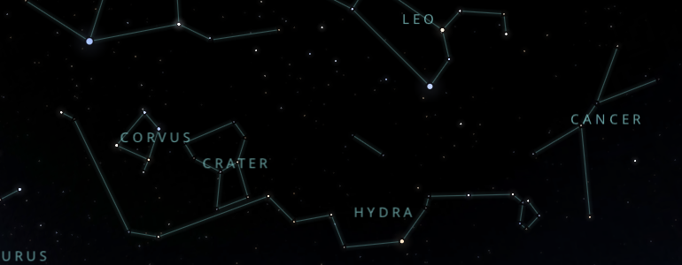 The shape and the main stars of Hydra constellation alongside the neighboring constellations in outer space.