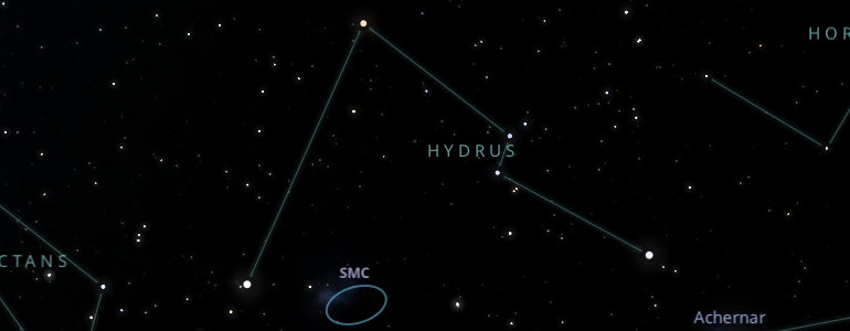 The shape and the main stars of Hydrus constellation alongside the neighboring constellations in outer space.