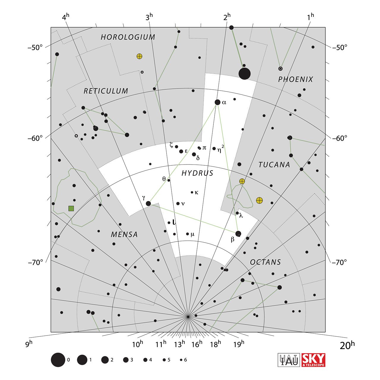 The location of the Hydrus Constellation is displayed in a star map by IAU from the Sky & Telescope magazine.