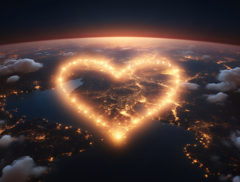 A heart out of lights shining over the Earth as seen from space