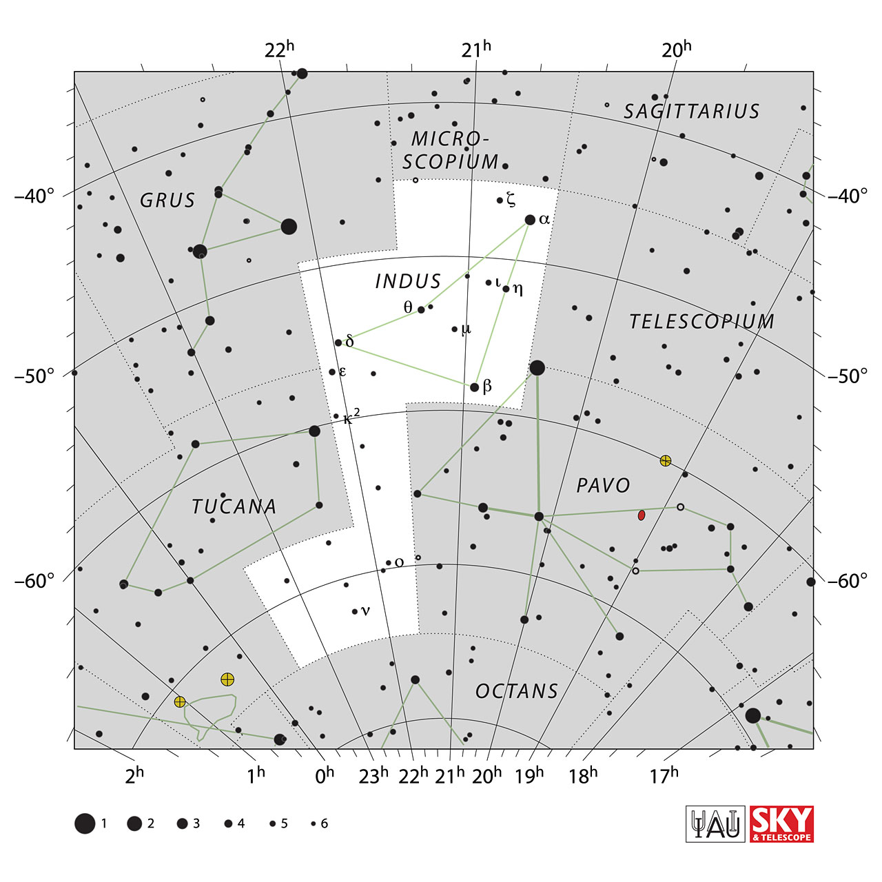 The location of the Indus Constellation is displayed in a star map by IAU from the Sky & Telescope magazine.