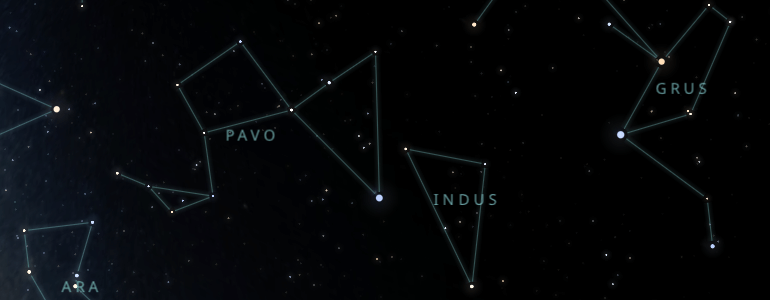 The shape and the main stars of Indus constellation alongside the neighboring constellations in outer space.