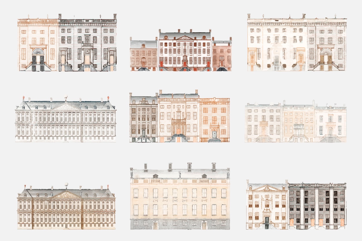 A set of beautiful buildings in watercolor.