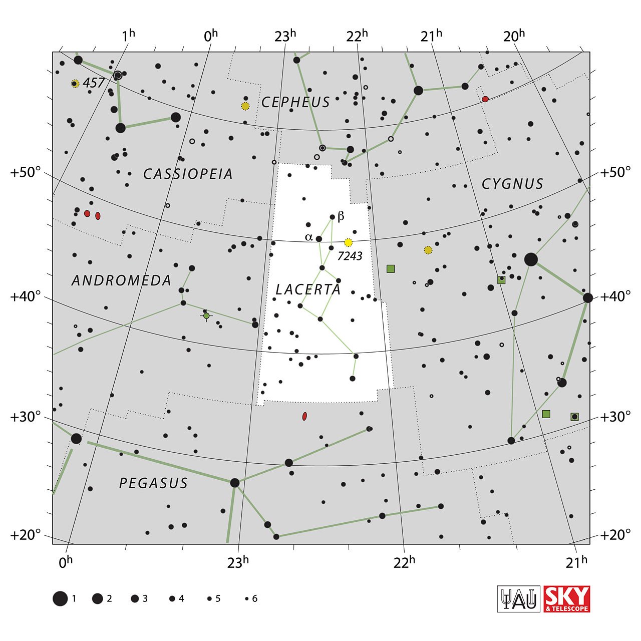 The location of the Lacerta Constellation is displayed in a star map by IAU from the Sky & Telescope magazine.