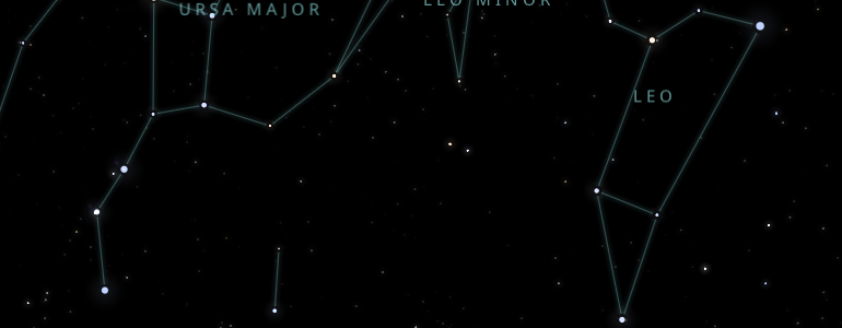 The shape and the main stars of Leo constellation alongside the neighboring constellations in outer space.