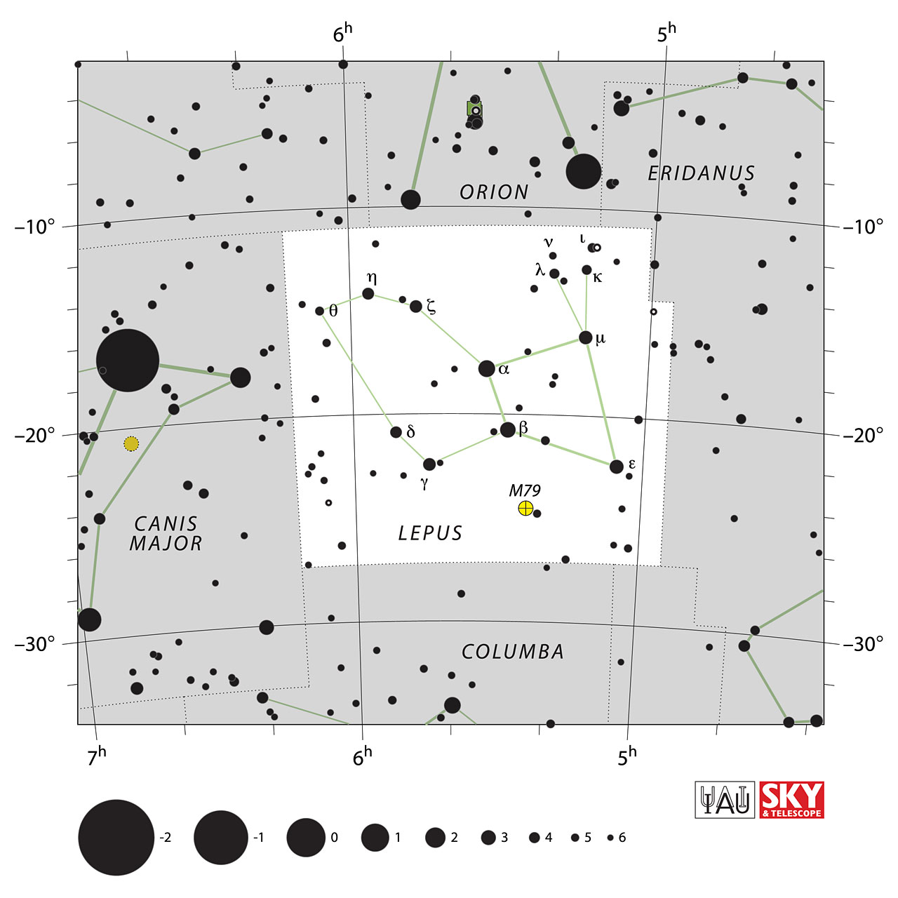 The location of the Lepus Constellation is displayed in a star map by IAU from the Sky & Telescope magazine.