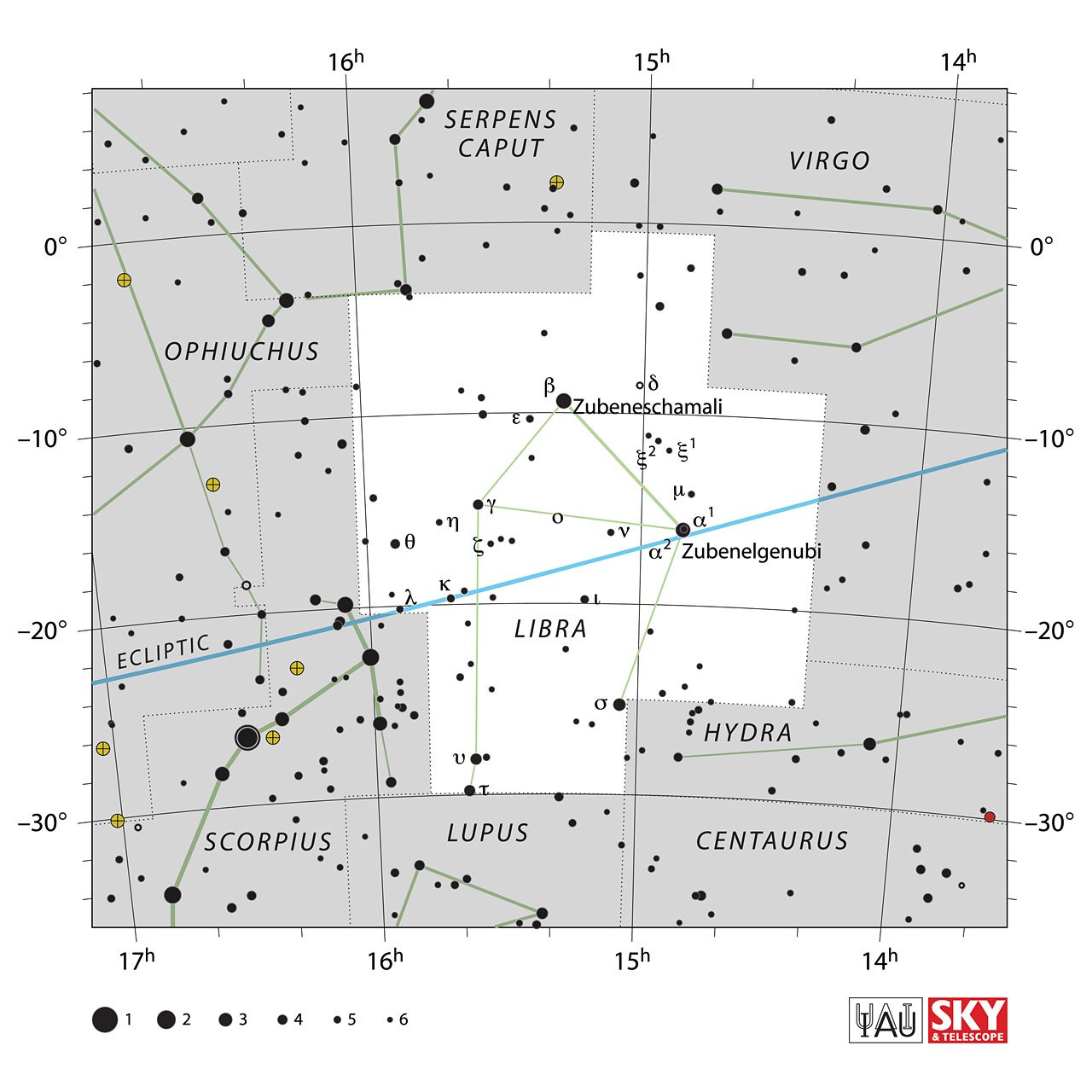 The location of the Libra Constellation is displayed in a star map by IAU from the Sky & Telescope magazine.