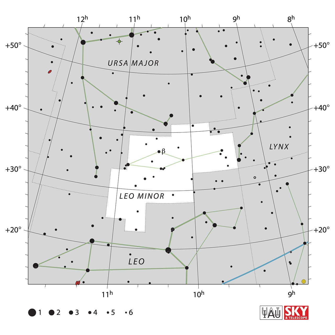 The location of the Leo Minor Constellation is displayed in a star map by IAU from the Sky & Telescope magazine.