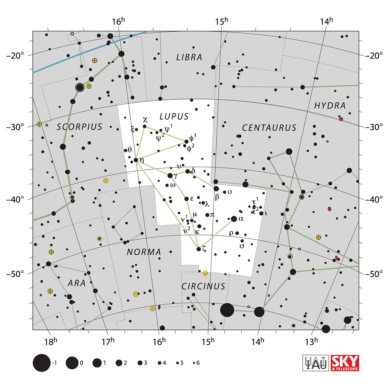 The location of the Lupus Constellation is displayed in a star map by IAU from the Sky & Telescope magazine.