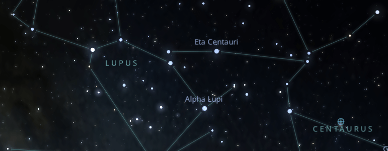 The shape and the main stars of Lupus constellation alongside the neighboring constellations in outer space.