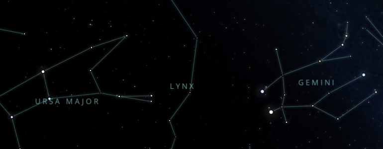 The shape and the main stars of Lynx constellation alongside the neighboring constellations in outer space.